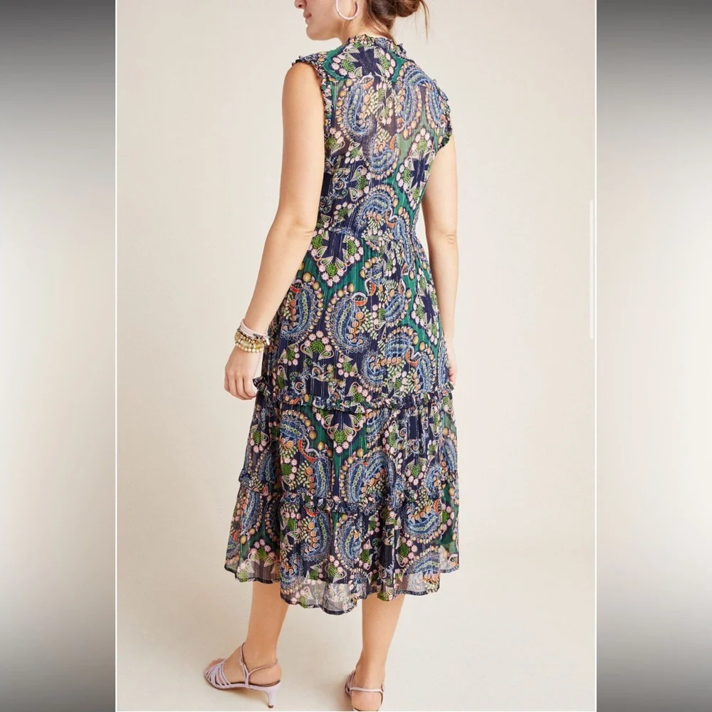 NWOT Anthropologie Multicolor Paisley Elmira Ruffled Midi Dress Size 8 - Picture 2 of 5